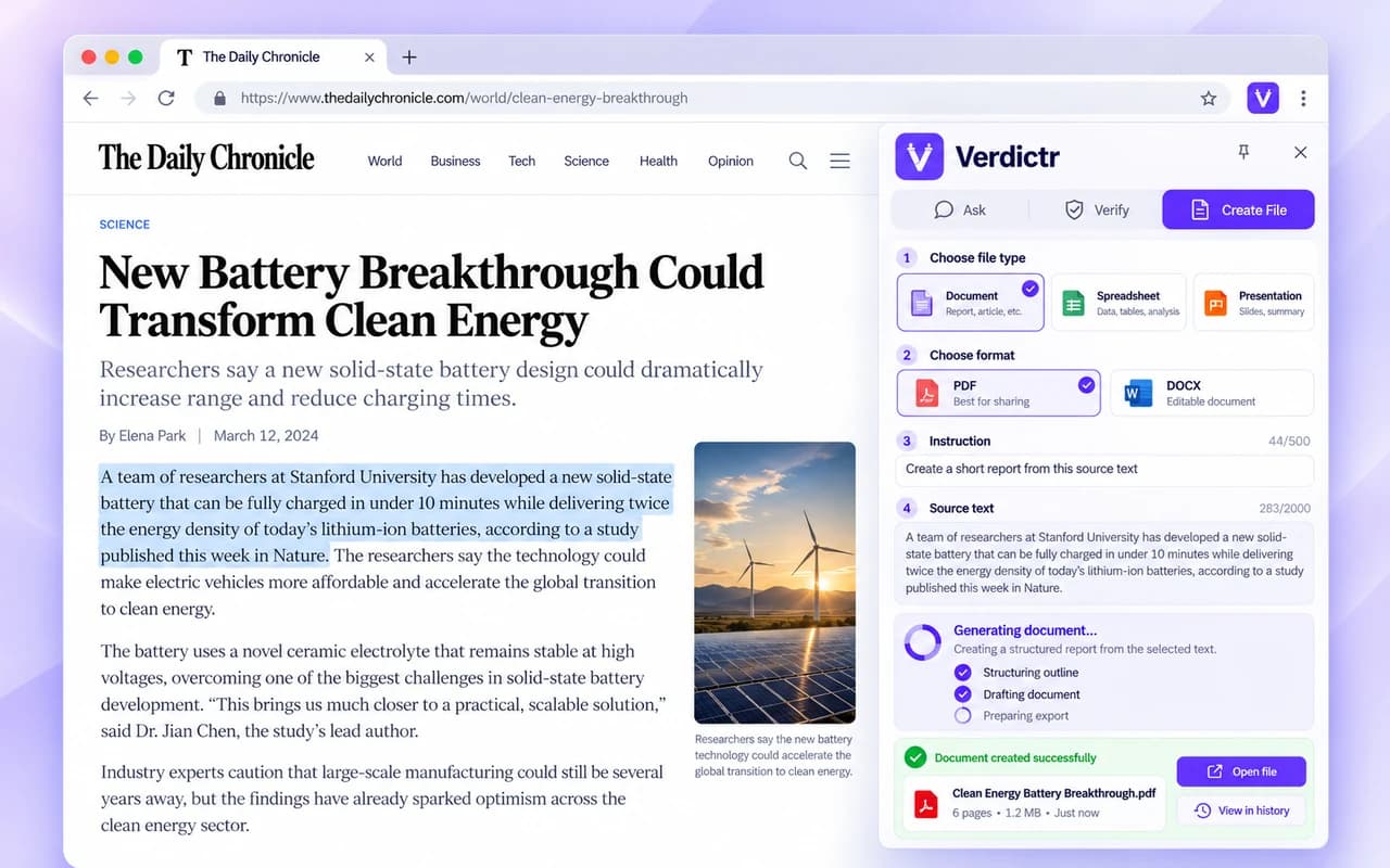 Preview of creating a file in Verdictr for Chrome