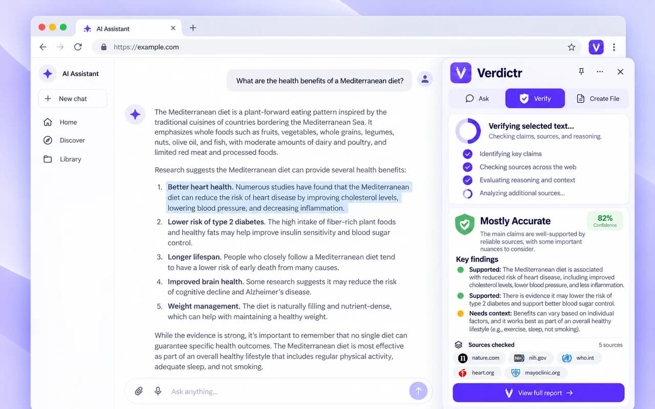 Verdictr Chrome Side Panel next to an open webpage
